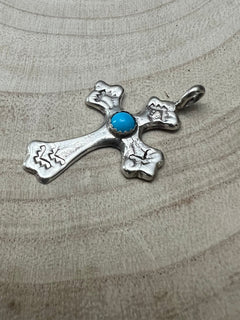 Rick Tolino Handmade Kingman Turquoise Cross Pendant - Cowhide and Conchos