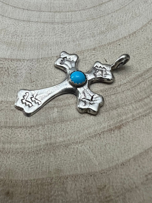 Rick Tolino Handmade Kingman Turquoise Cross Pendant - Cowhide and Conchos