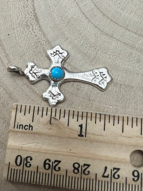 Rick Tolino Handmade Kingman Turquoise Cross Pendant - Cowhide and Conchos