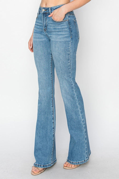 Risen High Rise Basic Flare Jeans - Dark & Light Washes available - Cowhide and Conchos