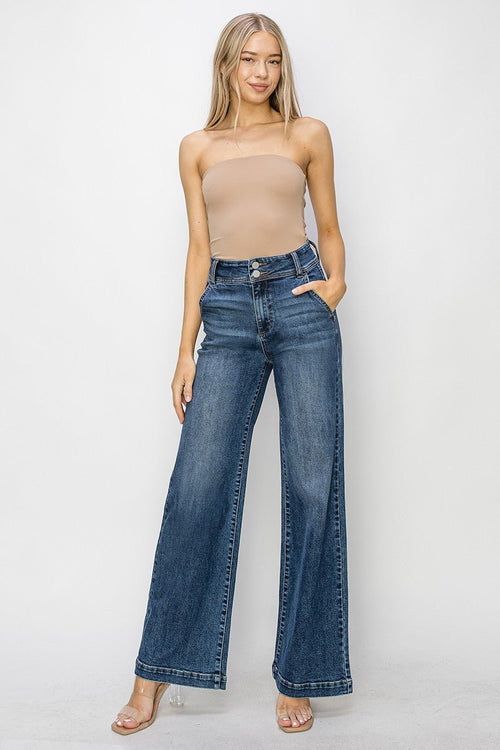 Risen High Rise Double Button Wide Leg Jeans - Cowhide and Conchos