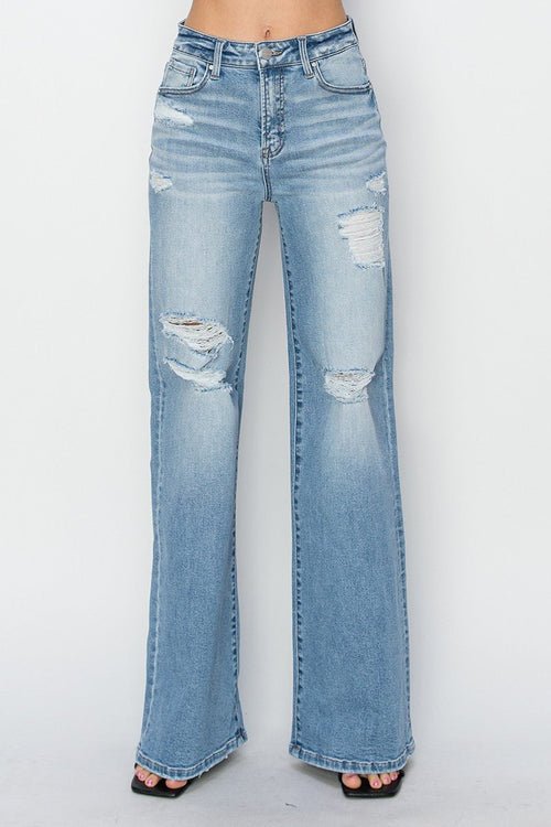 Risen High Rise Wide Distressed Jeans - Cowhide and Conchos