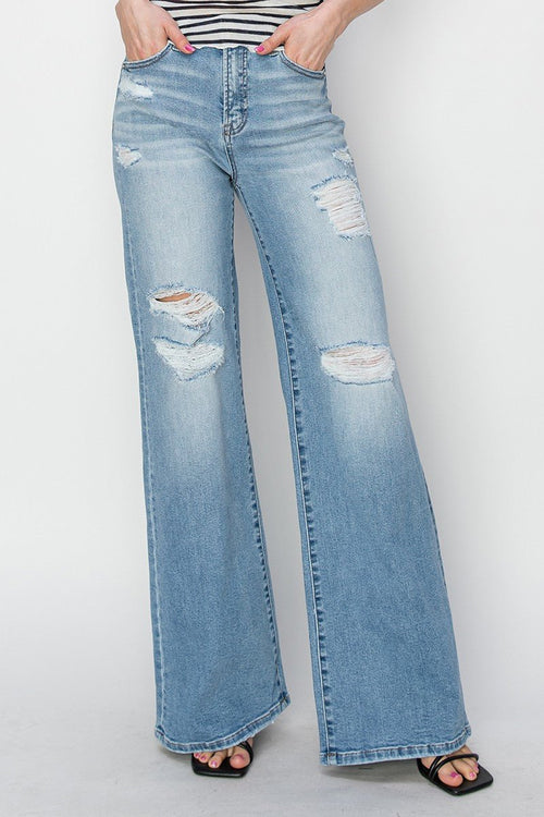 Risen High Rise Wide Distressed Jeans - Cowhide and Conchos