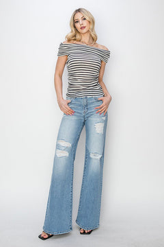 Risen High Rise Wide Distressed Jeans - Cowhide and Conchos
