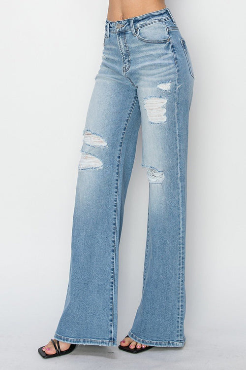 Risen High Rise Wide Distressed Jeans - Cowhide and Conchos