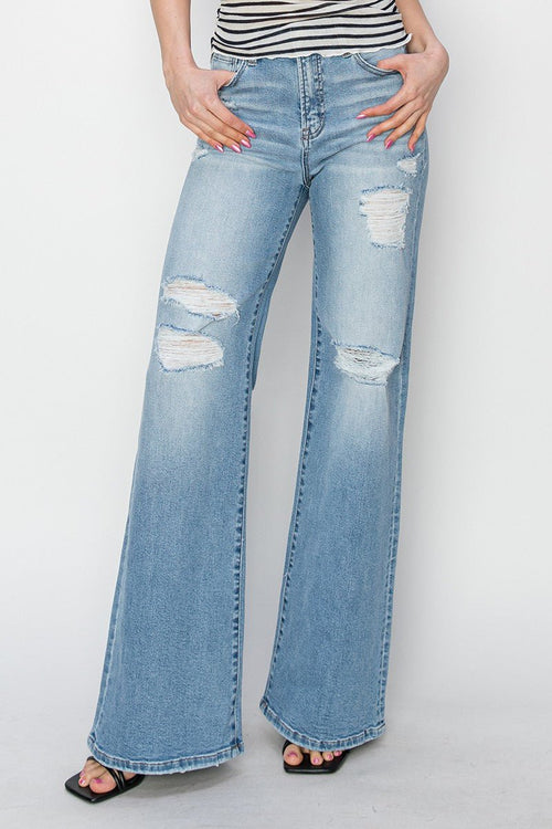 Risen High Rise Wide Distressed Jeans - Cowhide and Conchos