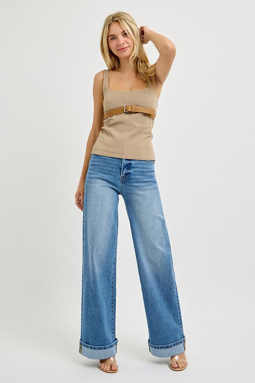 Risen High Rise Wide Leg Cuffed Jeans - Size 11 remaining - Cowhide and Conchos