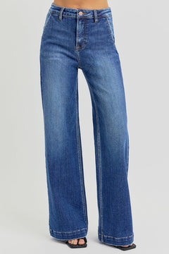 Risen High Rise Wide Leg Slanted Pocket Jeans - Cowhide and Conchos