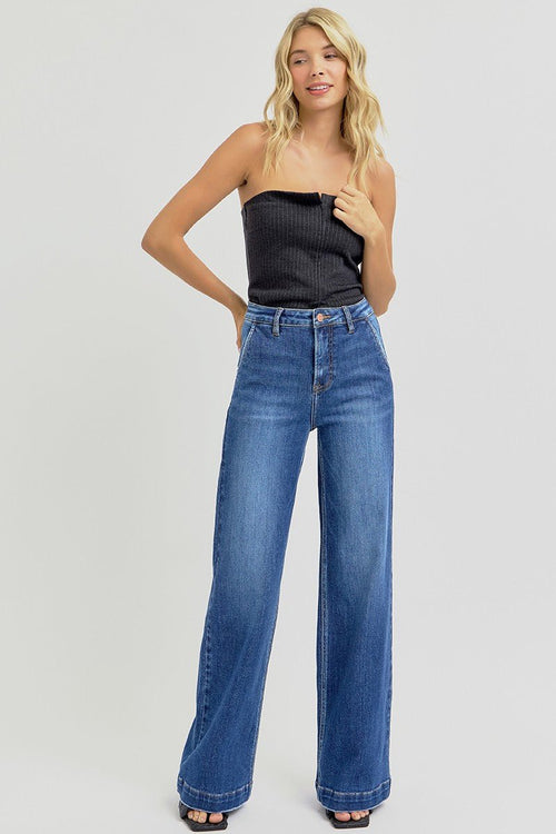 Risen High Rise Wide Leg Slanted Pocket Jeans - Cowhide and Conchos