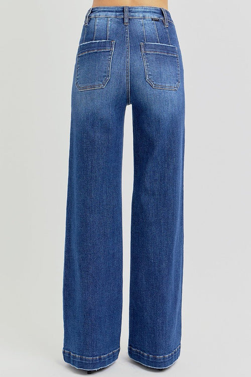 Risen High Rise Wide Leg Slanted Pocket Jeans - Cowhide and Conchos
