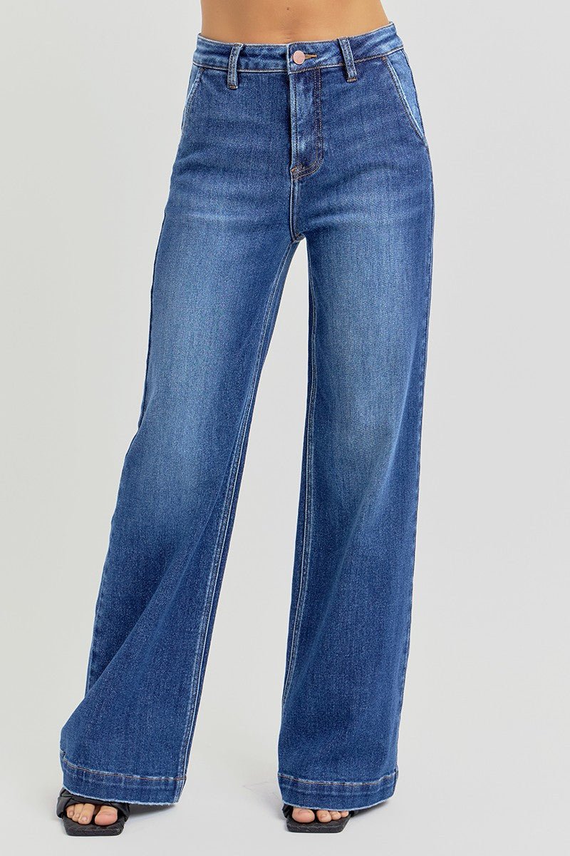 Risen High Rise Wide Leg Slanted Pocket Jeans - Cowhide and Conchos