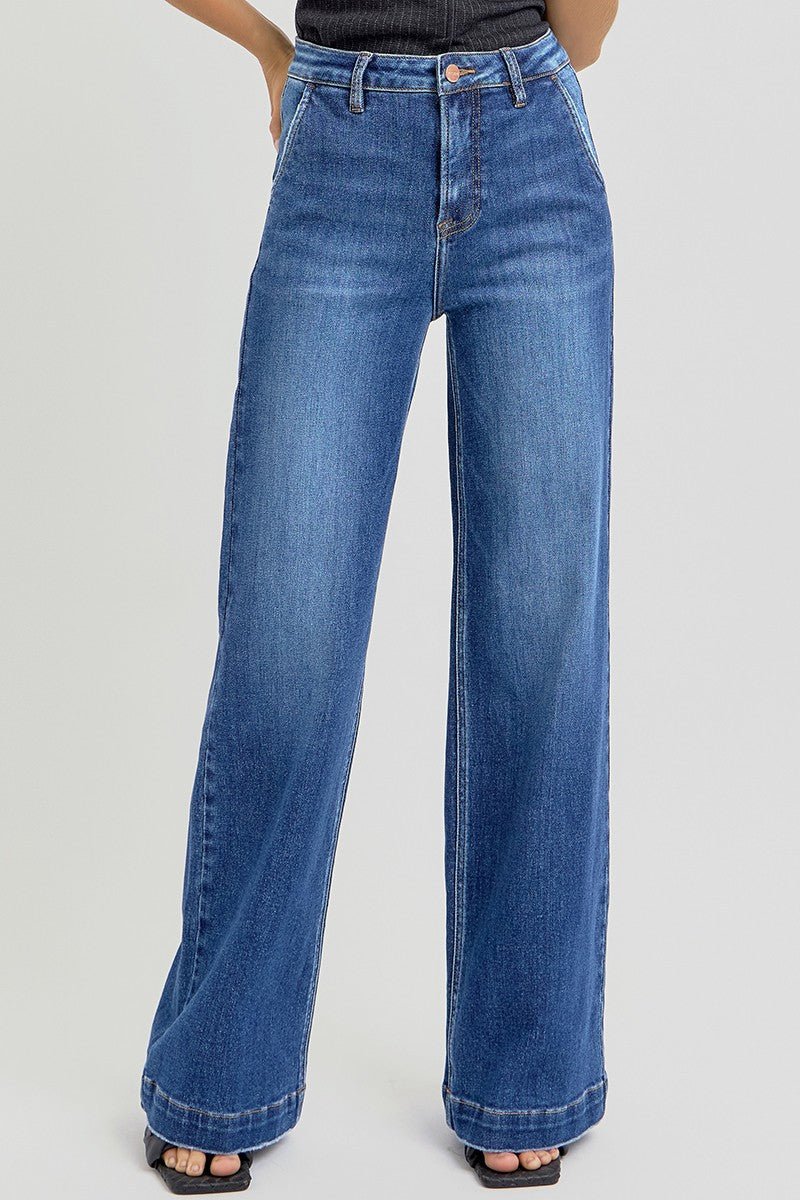 Risen High Rise Wide Leg Slanted Pocket Jeans - Cowhide and Conchos