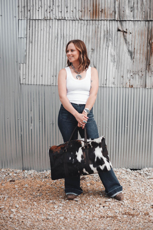Risen High Waist Patch Pocket Flare Jeans - Cowhide and Conchos