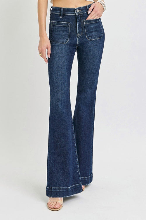 Risen High Waist Patch Pocket Flare Jeans - Cowhide and Conchos