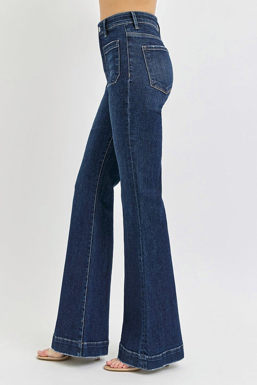 Risen High Waist Patch Pocket Flare Jeans - Cowhide and Conchos