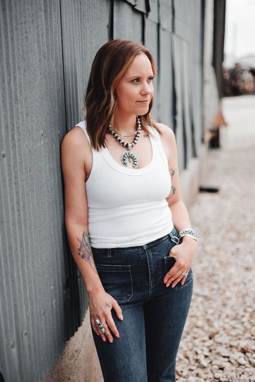 Risen High Waist Patch Pocket Flare Jeans - Cowhide and Conchos