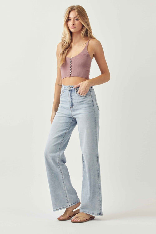 Risen Light Wash High Rise Wide Leg Jeans - Cowhide and Conchos
