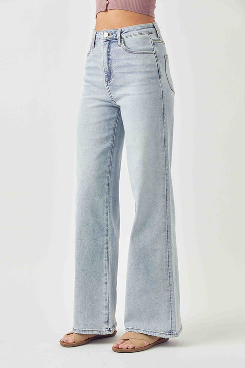 Risen Light Wash High Rise Wide Leg Jeans - Cowhide and Conchos