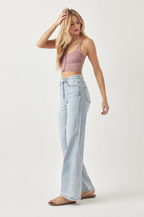 Risen Light Wash High Rise Wide Leg Jeans - Cowhide and Conchos