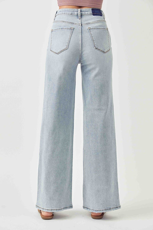 Risen Light Wash High Rise Wide Leg Jeans - Cowhide and Conchos
