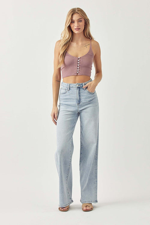 Risen Light Wash High Rise Wide Leg Jeans - Cowhide and Conchos