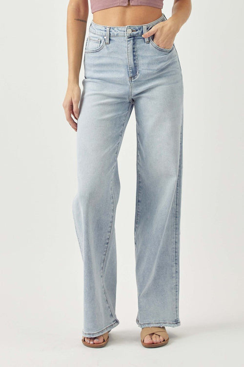 Risen Light Wash High Rise Wide Leg Jeans - Cowhide and Conchos