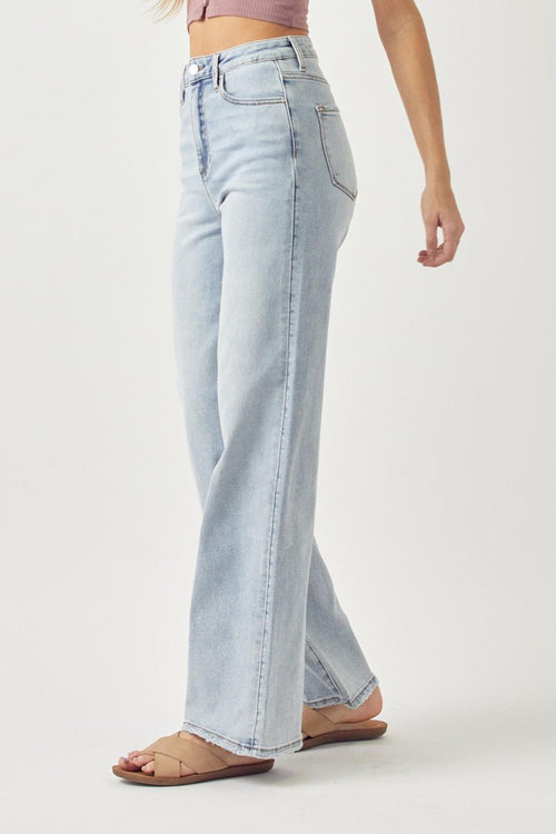 Risen Light Wash High Rise Wide Leg Jeans - Cowhide and Conchos