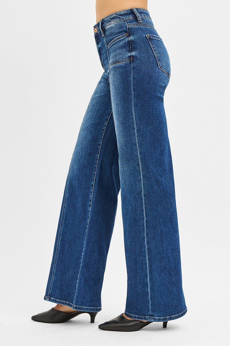 Risen Mid Rise Front Seam Wide Leg Jeans - Cowhide and Conchos