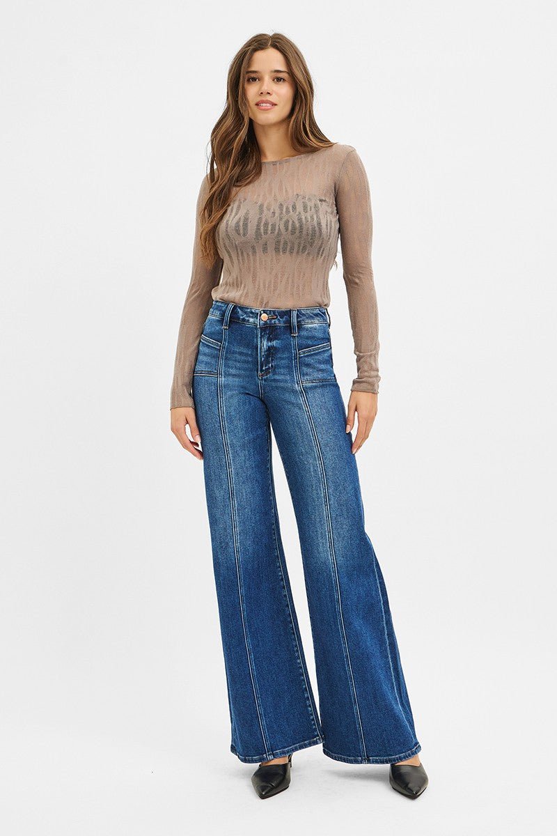 Risen Mid Rise Front Seam Wide Leg Jeans - Cowhide and Conchos