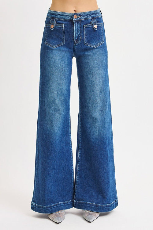 Risen Mid Rise Wide Front Patch Pocket Jeans - Cowhide and Conchos