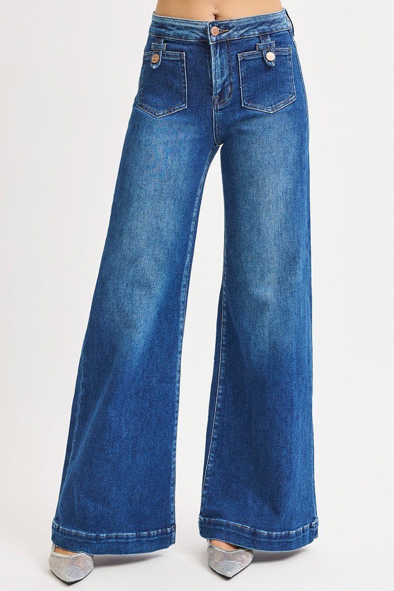 Risen Mid Rise Wide Front Patch Pocket Jeans - Cowhide and Conchos