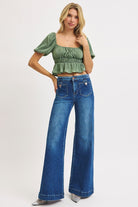 Risen Mid Rise Wide Front Patch Pocket Jeans - Cowhide and Conchos