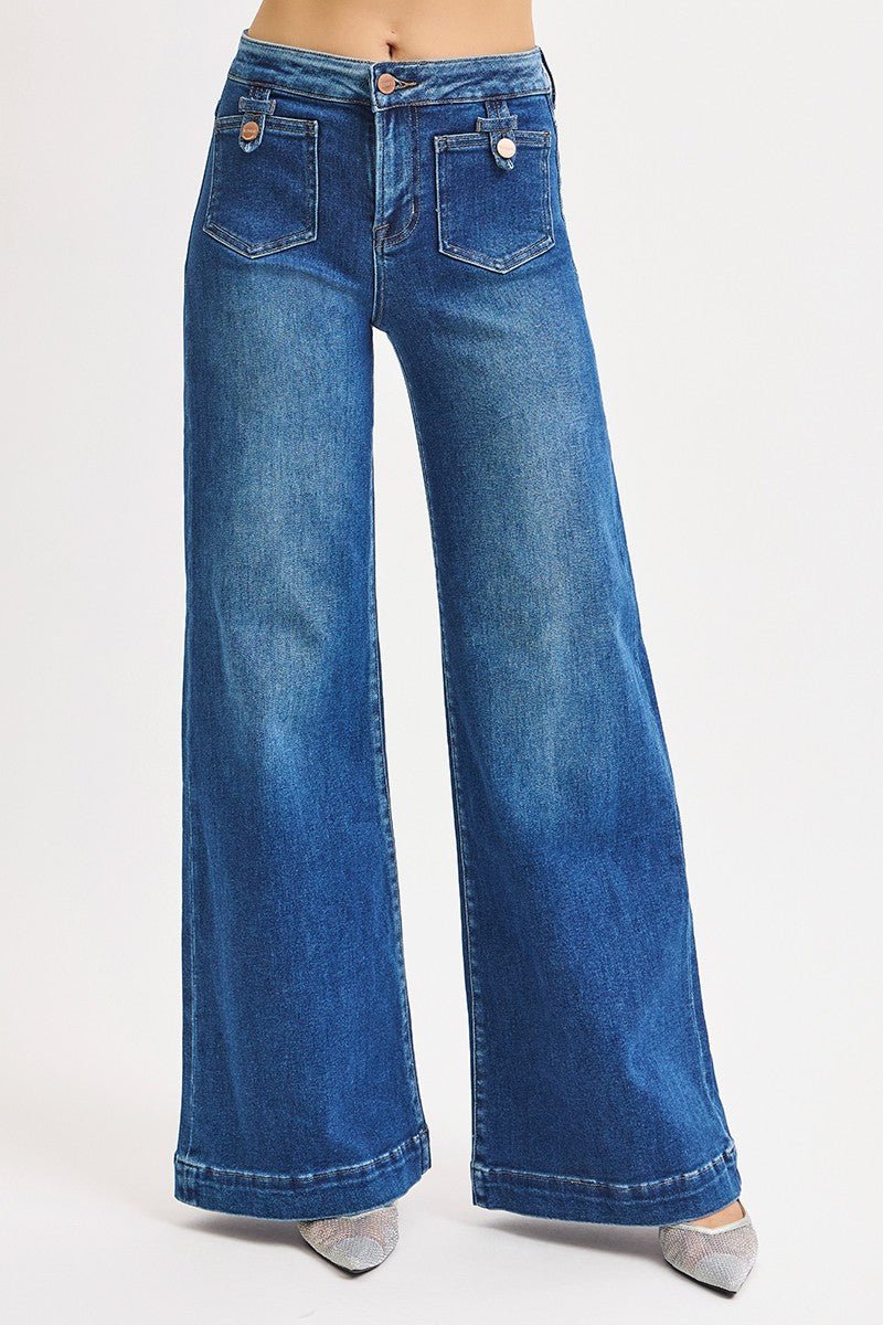 Risen Mid Rise Wide Front Patch Pocket Jeans - Cowhide and Conchos