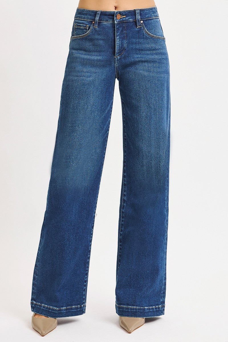 Risen Mid Rise Wide Iron Press Line Detail Jeans - Cowhide and Conchos