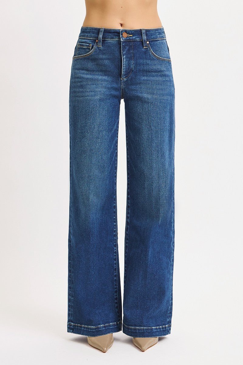 Risen Mid Rise Wide Iron Press Line Detail Jeans - Cowhide and Conchos