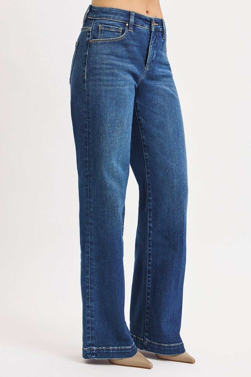 Risen Mid Rise Wide Iron Press Line Detail Jeans - Cowhide and Conchos