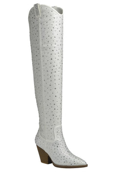 River Over the Knee Rhinestone Boots - Cowhide and Conchos