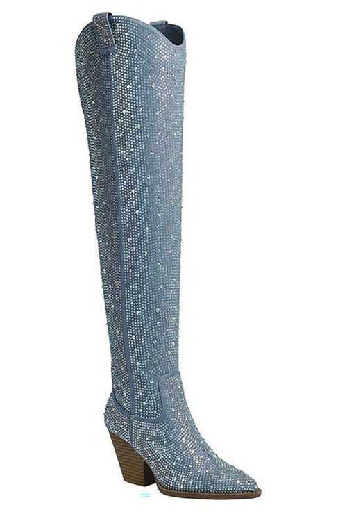 River Over the Knee Rhinestone Boots - Cowhide and Conchos