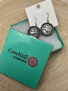 Rodeo Cowboy Pendant Earrings - Cowhide and Conchos