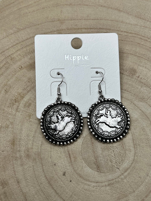 Rodeo Cowboy Pendant Earrings - Cowhide and Conchos