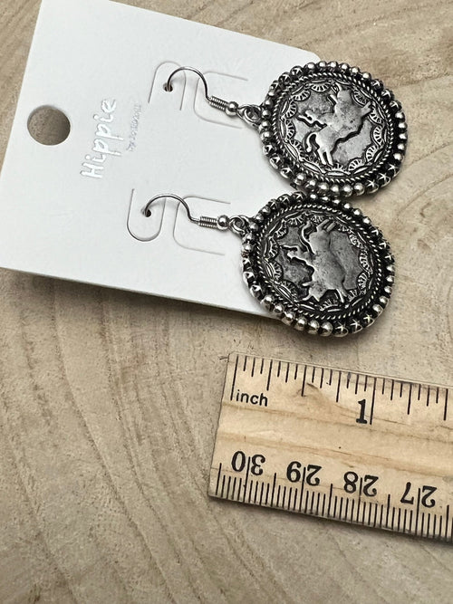Rodeo Cowboy Pendant Earrings - Cowhide and Conchos