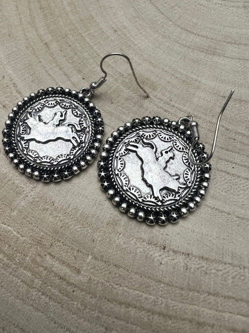 Rodeo Cowboy Pendant Earrings - Cowhide and Conchos