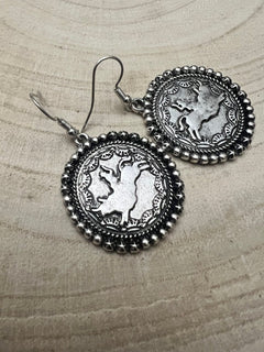 Rodeo Cowboy Pendant Earrings - Cowhide and Conchos