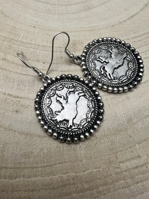 Rodeo Cowboy Pendant Earrings - Cowhide and Conchos
