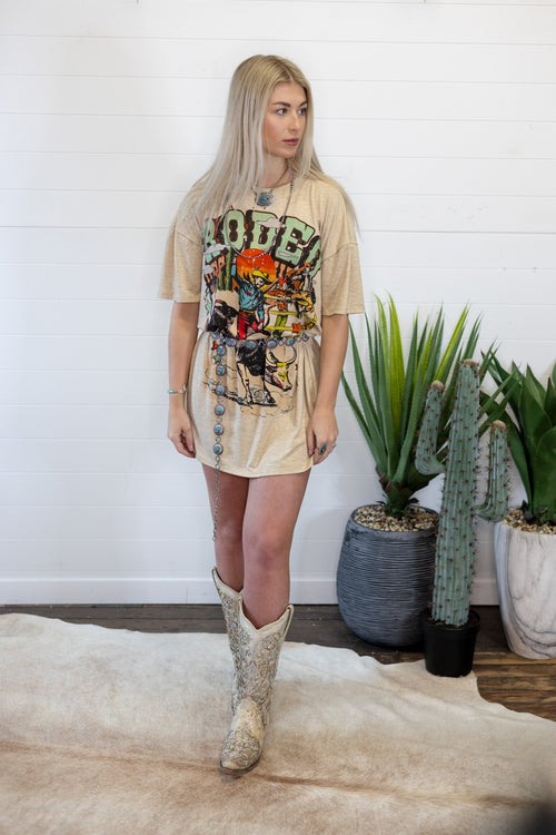 Rodeo Graphic T-Shirt Dress - Cowhide and Conchos