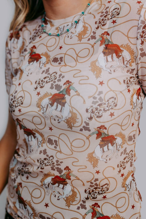 Rodeo Short Sleeve Mesh Top - Cowhide and Conchos