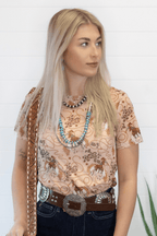 Rodeo Short Sleeve Mesh Top - Cowhide and Conchos