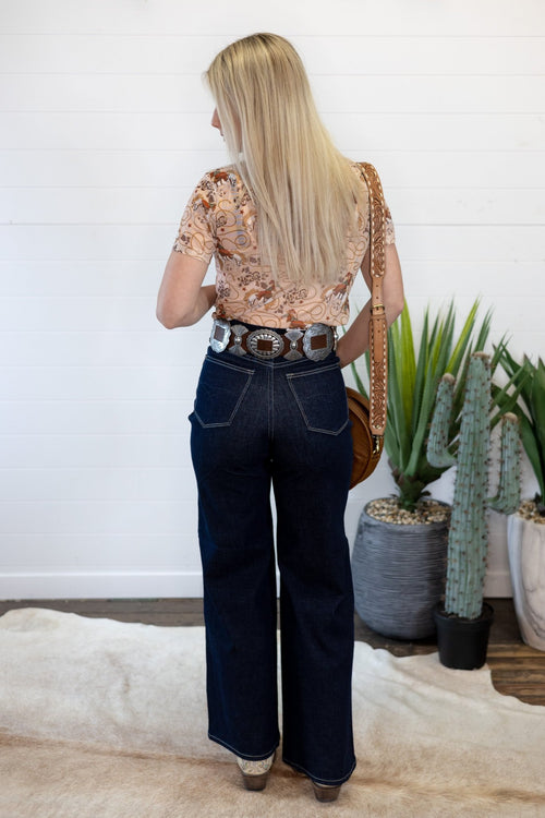 Rodeo Short Sleeve Mesh Top - Cowhide and Conchos
