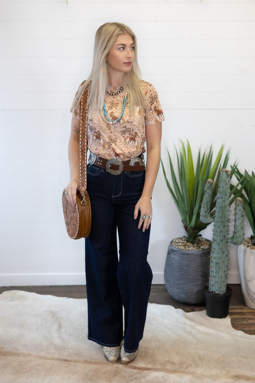 Rodeo Short Sleeve Mesh Top - Cowhide and Conchos