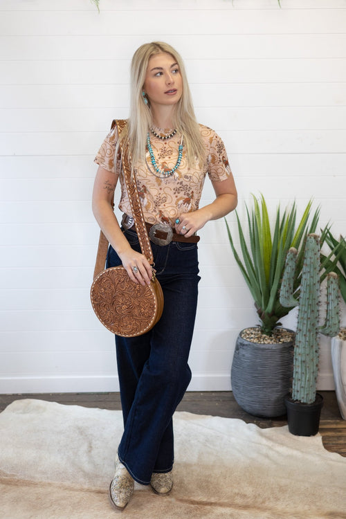Rodeo Short Sleeve Mesh Top - Cowhide and Conchos